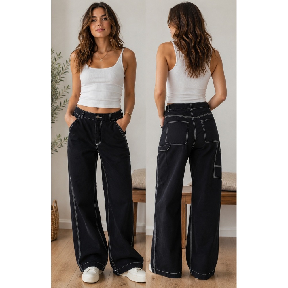 Gap Carpenter Pant Women 2 Tall Black Contrast Stitch Wide gorpcore grunge y2k